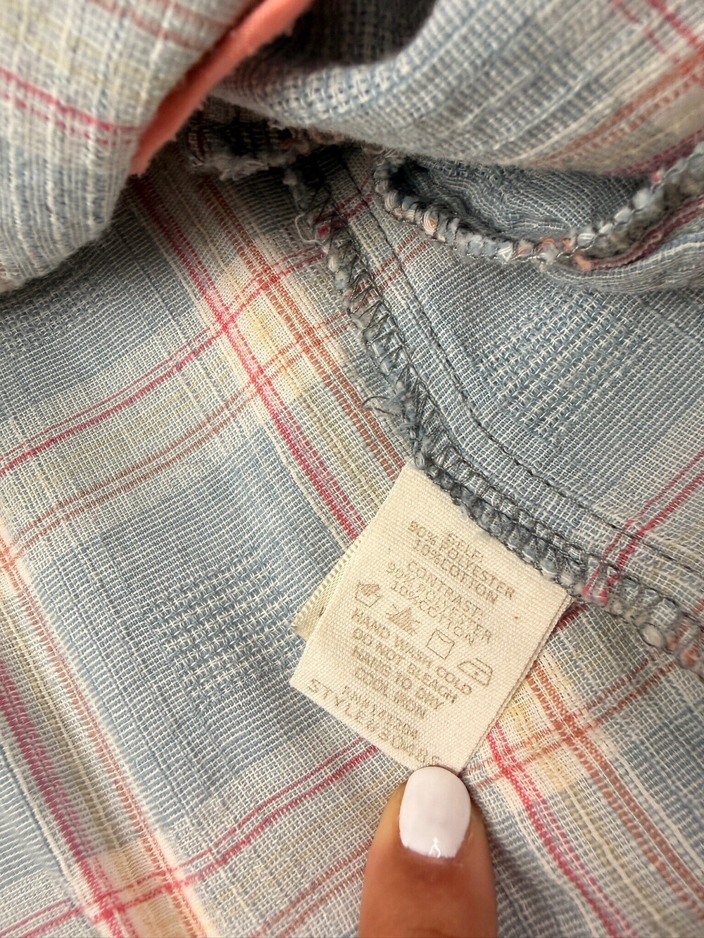 Hem & Thread Women’s Small Blue Plaid Double-Breasted Blazer Coral Trim - Picture 5 of 7